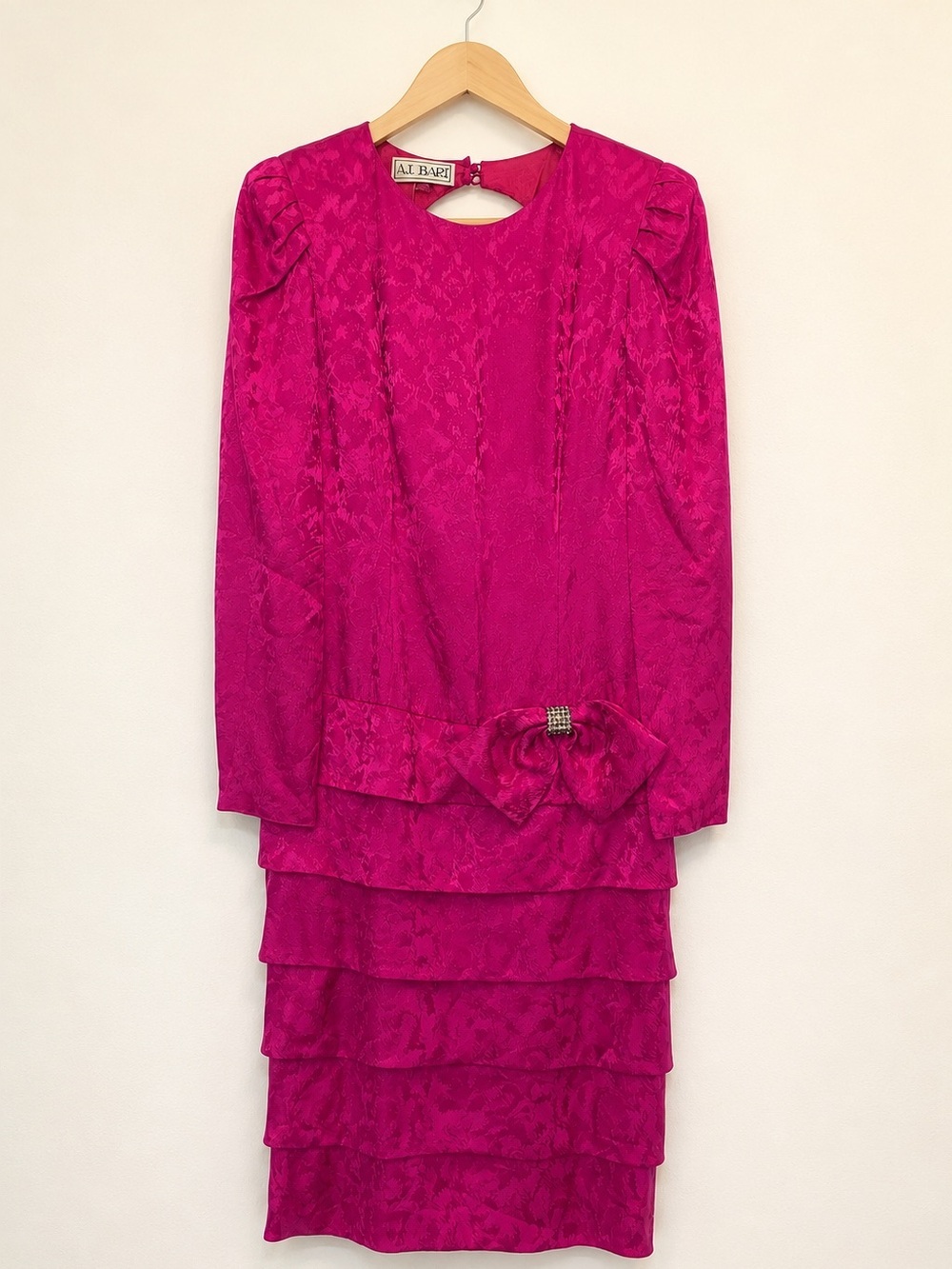 Vintage A.J. Bari 100% Silk Fuchsia Jacquard Cocktail Dress Size 8 Rhinestone